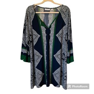 Susan Graver Navy & Green Long Stretchy Mini Dress Or Tunic Top 3X Plus